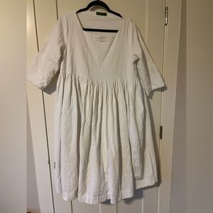 V-Neck White Gathered Midi Dress